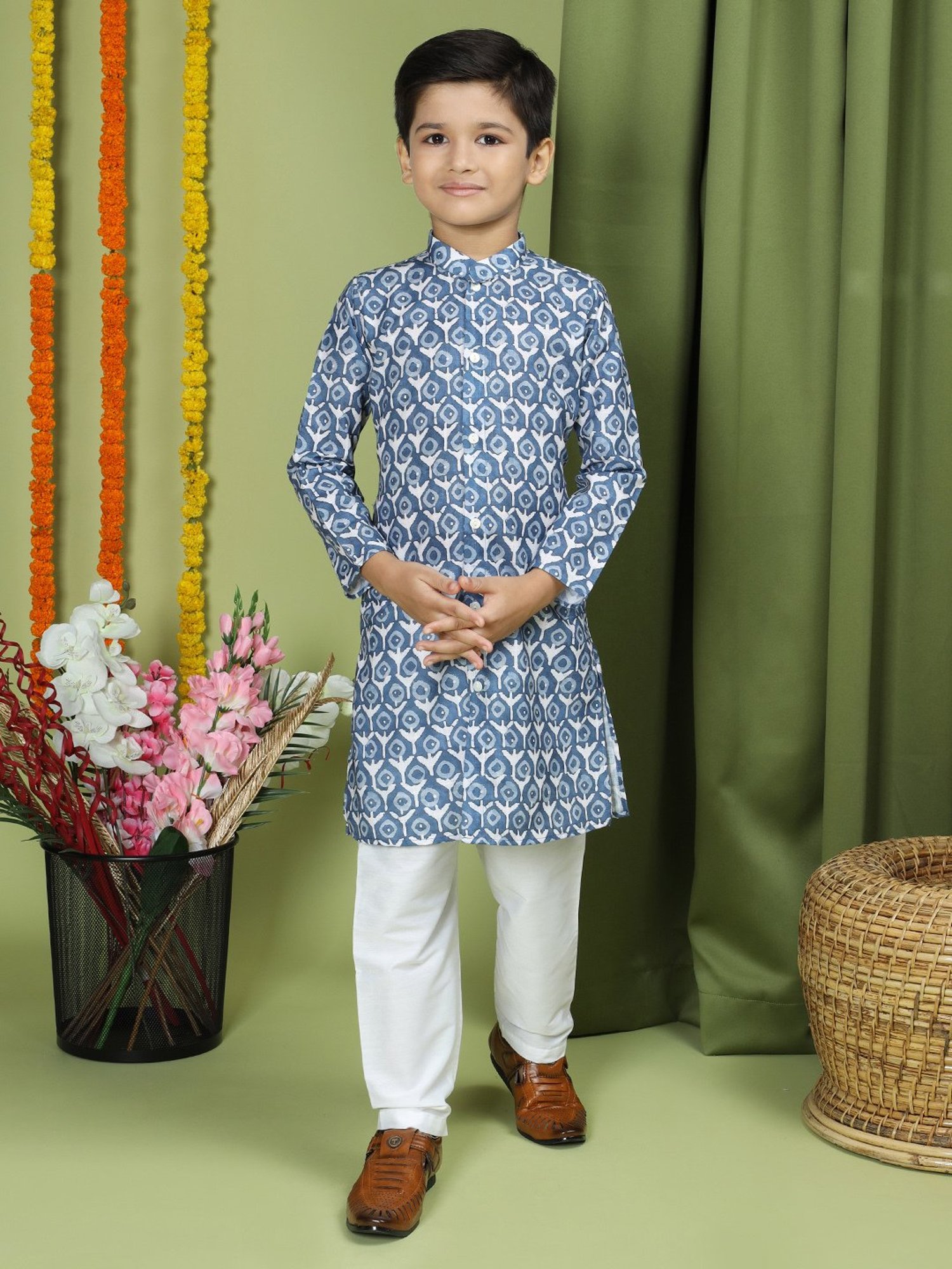 VASTRAMAY Boys Yellow & White Cotton Printed Full Sleeves Kurta Sets