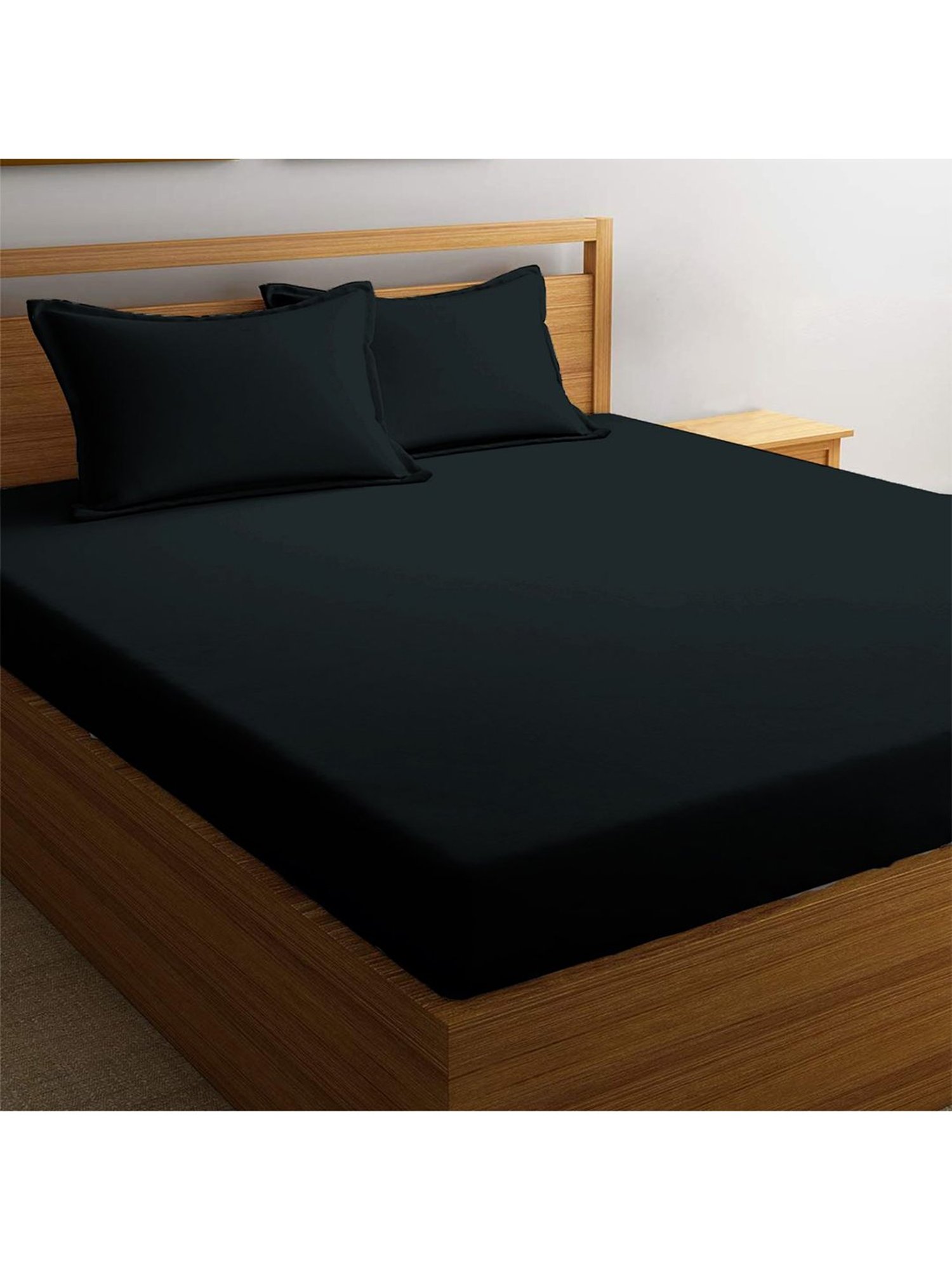 Pizuna Black 400TC Cotton Fitted Bed Sheet with 2 Pillow Covers