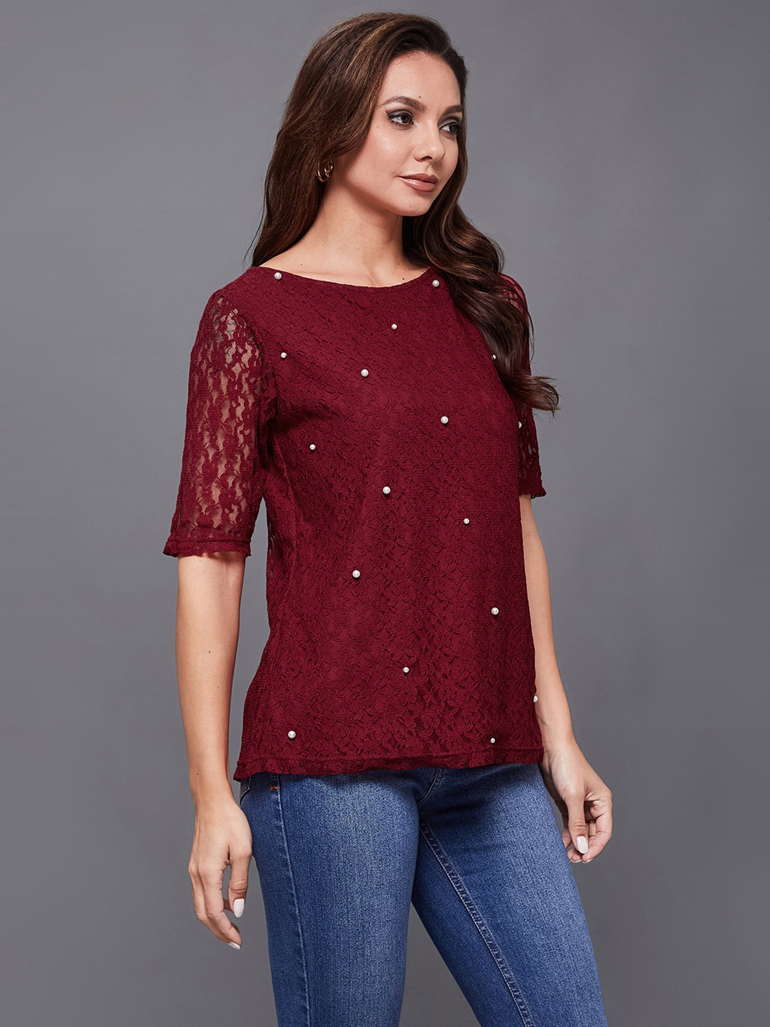 Miss Chase Maroon Embellished Top