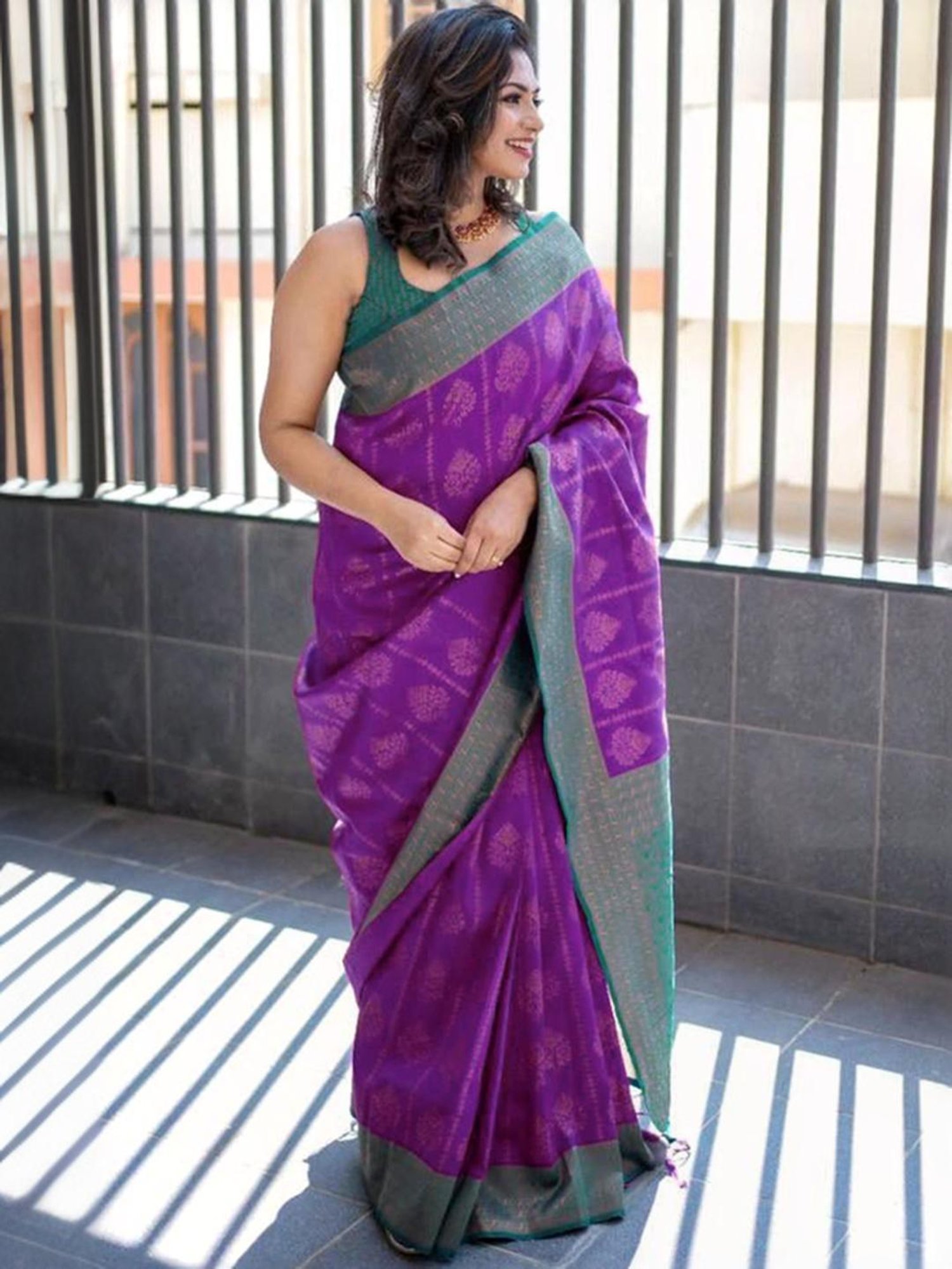 Satrani Purple & Rama Green Woven Saree With Unstitched Blouse