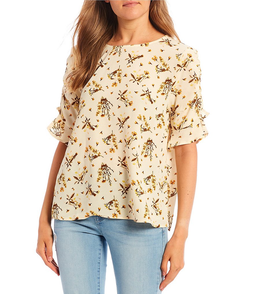 June & Hudson Floral Ruched Sleeve Top