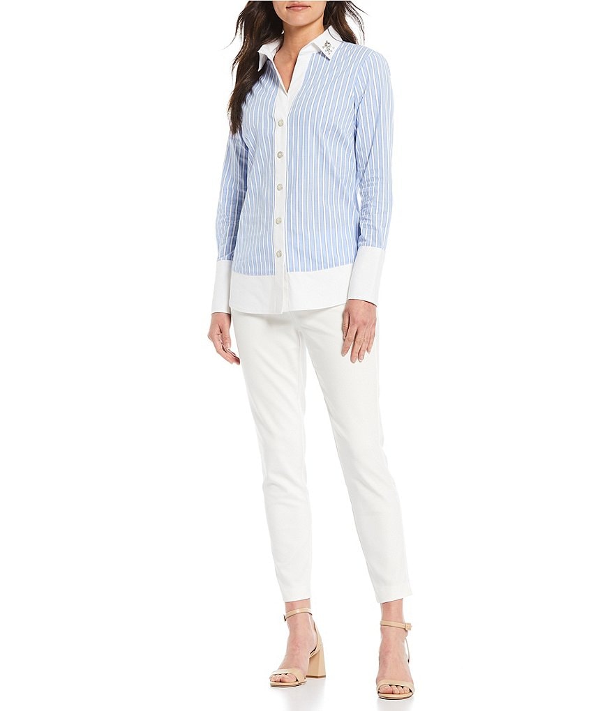Preston & York Caroline Bow Woven V-Neck 3/4 Sleeve Blouse