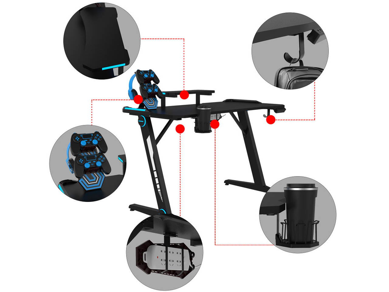 Gaming Desk, Z-Shaped Computer Desk Gamer Workstation with Monitor Stand&Carbon Fiber Surface, Gamer Table with RGB Lights,Cup Holder, Headphone Hook&Plug Board Holder