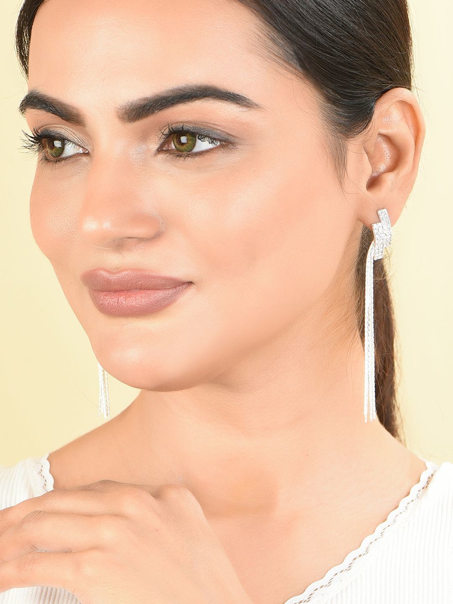 Toniq Long Strands Silver-Plated CZ Stone Party Wear Earrings for Women