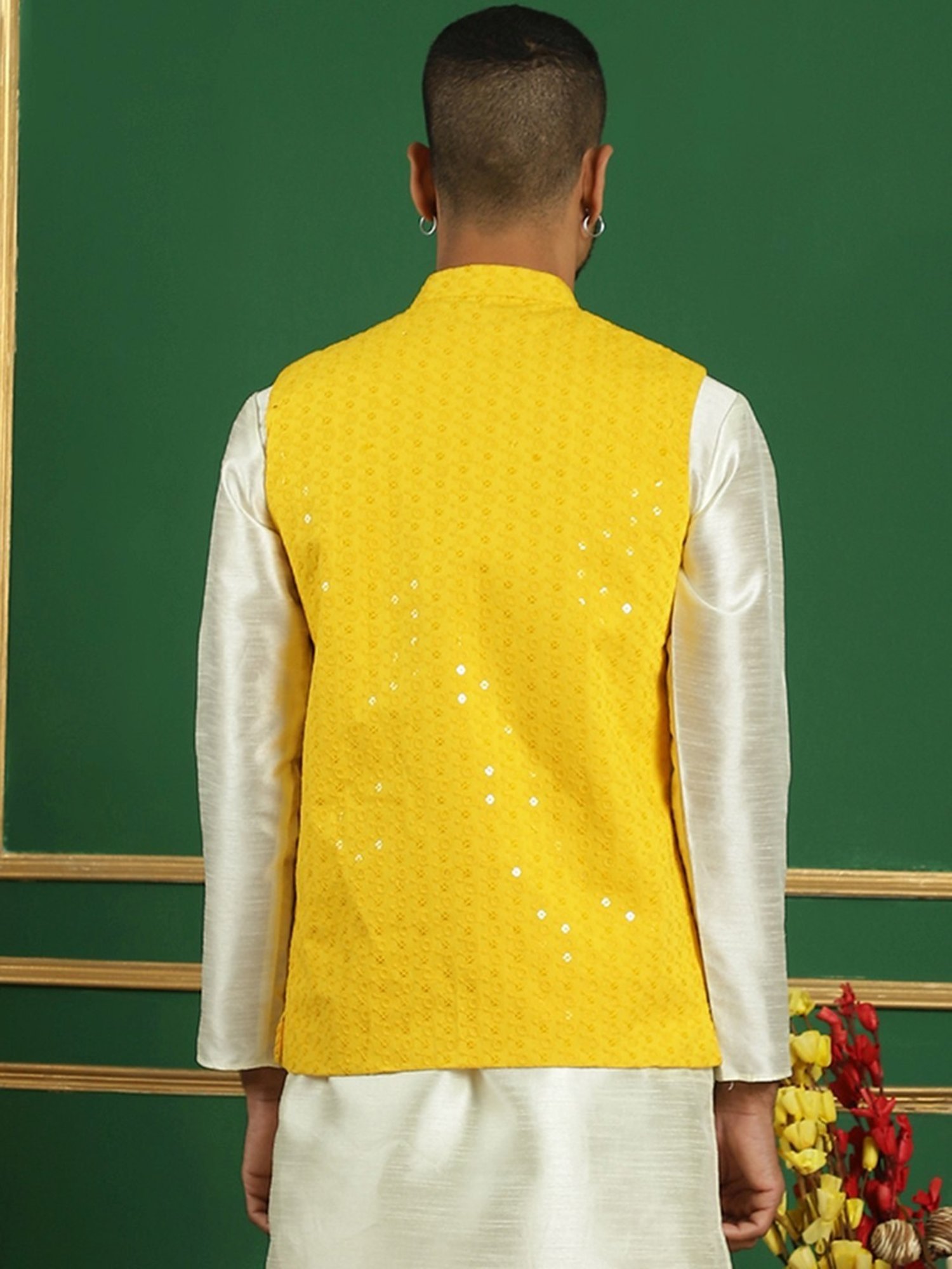 Jompers Yellow Regular Fit Embroidered Nehru Jacket