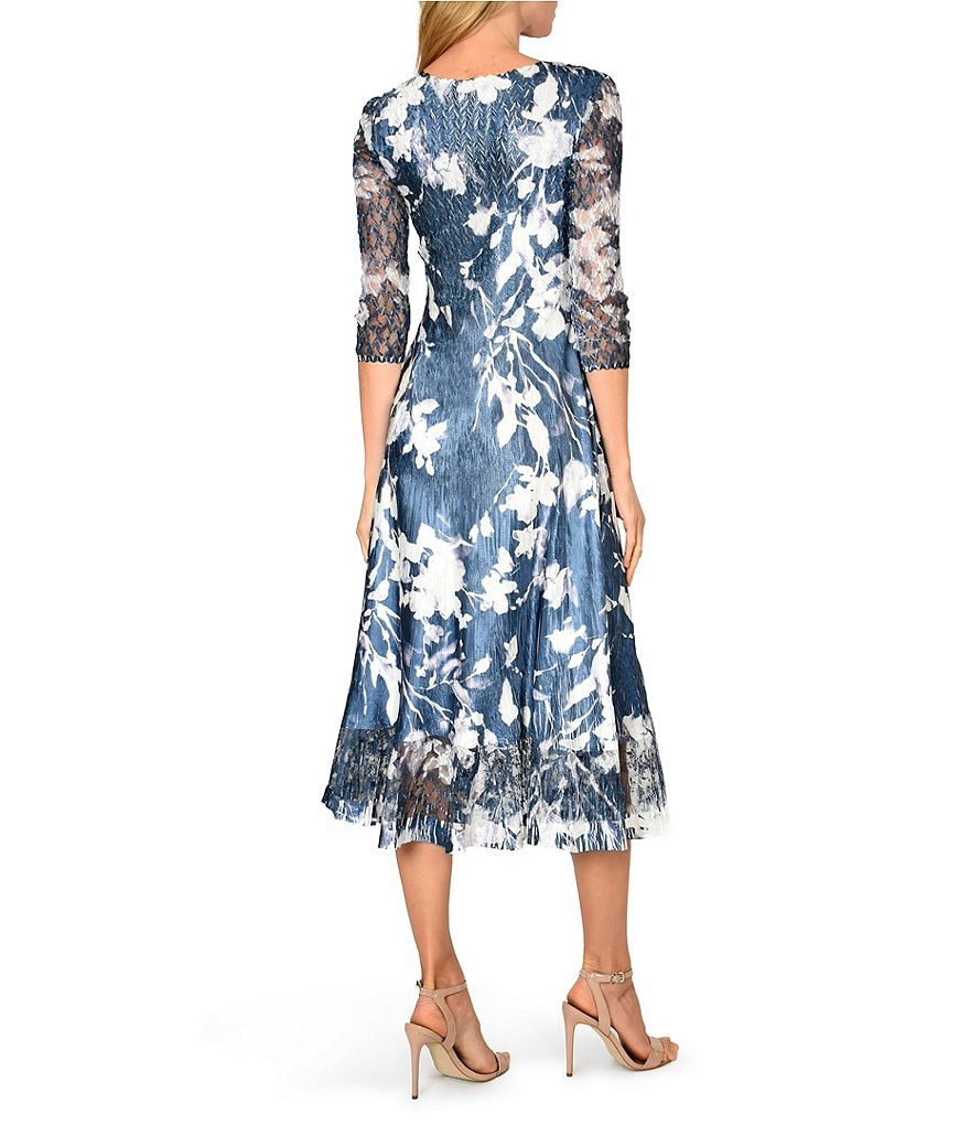 Komarov V-Neck 3/4 Sleeve Midnight Vine Floral Charmeuse Midi Dress