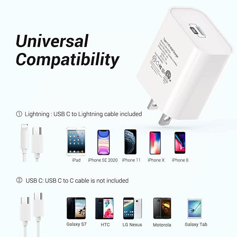 iPhone Fast Charger MFi Certified  18W USB C Wall Charger + 6FT C to Lightning Cable Power Delivery 30 Fast Charging Adapter for iPhone 11 Pro XR XS Max X 8 Plus iPad Pro iPad Air White