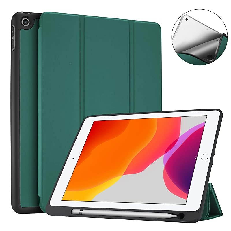 New iPad 10.2 Case (2020 8th Generation / 2019 7th Generation) with Pencil Holder and Flexible Soft TPU Back Cover, Slim Steady Stand Protective Case for 10.2" iPad 8th / iPad 7th -Green