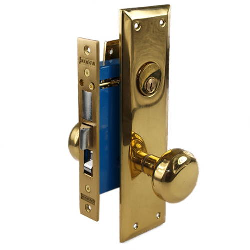 Maxtech (Like Marks 91A/3) 1033AR Polished Brass Right Hand Heavy Duty Mortise Entry Lockset, Surface Mounted Screw-on Knobs Lock Set