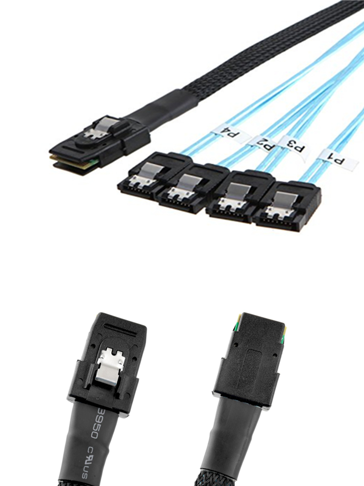 SFF8087-4SATA-0.5M 0.5 Meter 30AWG Internal Mini SAS 36pin (SFF-8087) Male w/ Latch to 4 x SATA 7pin Female Forward Breakout Cable with Nylon Braiding