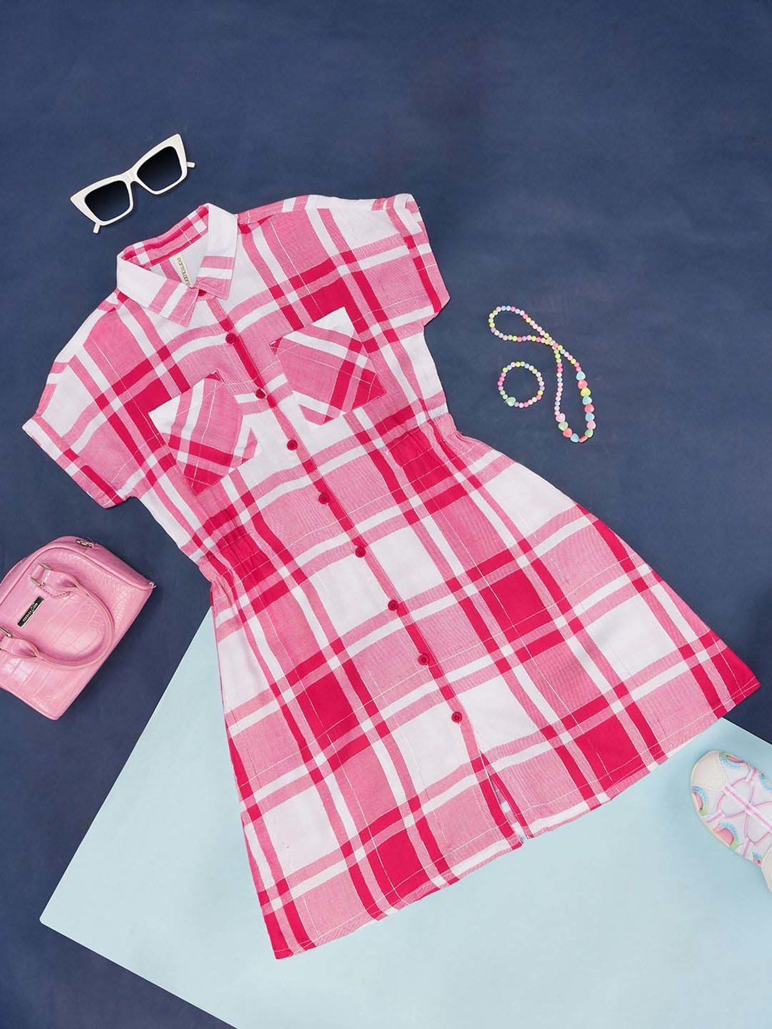 Pantaloons Junior Pink & White Cotton Chequered Dress