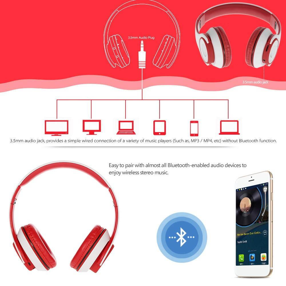 OY5 Wireless Bluetooth Headphone Foldable Over-ear Headsets 3.5mm Wired Earphone Support TF Card Music Play FM Radio Hands-free Calling for iPhone 7 6S Plus Samsung S6 Note 6 Laptop Notebook - White