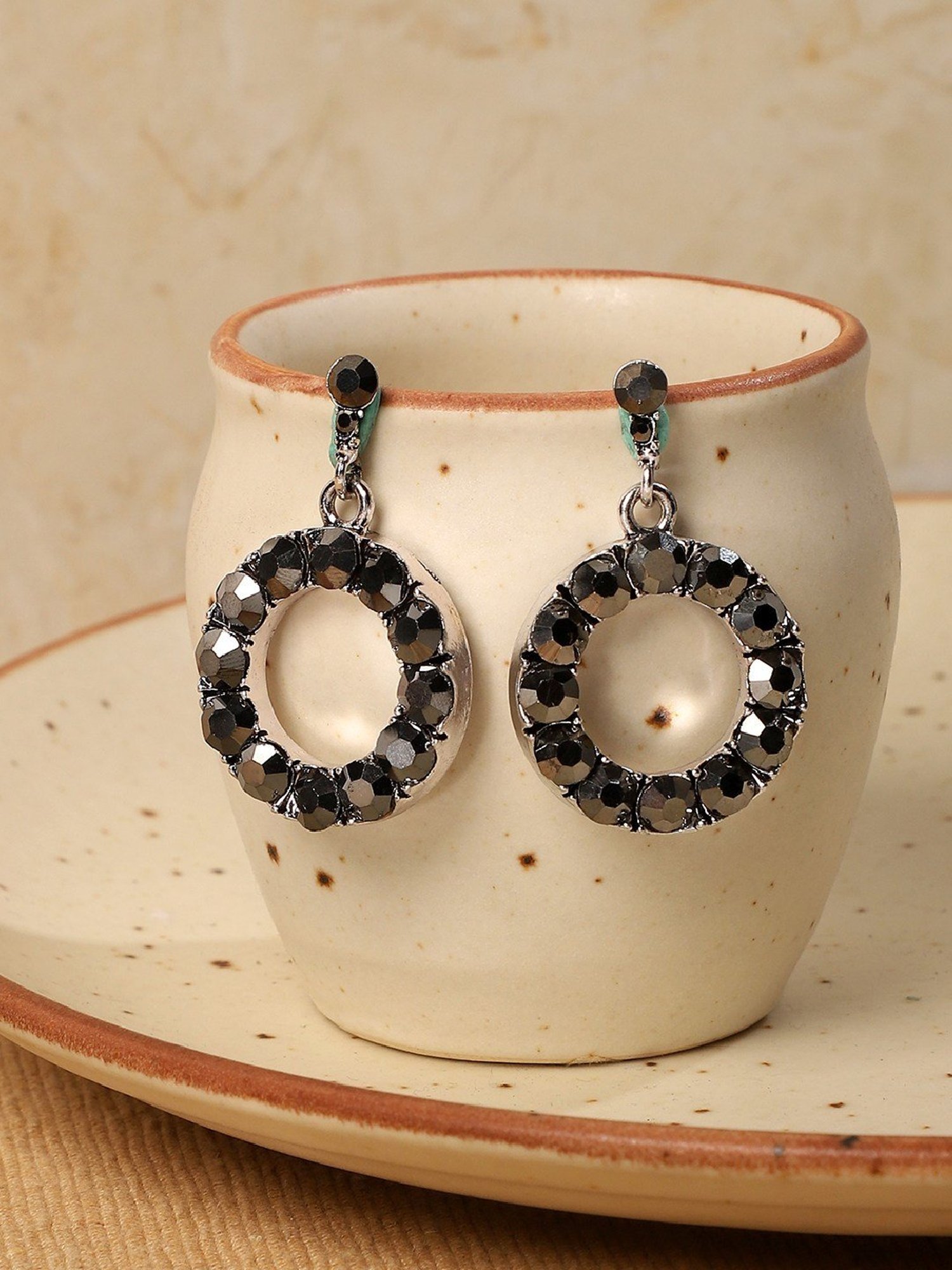 Sohi Women's Stone Hollow Circular Drop Earrings  Dark Silver