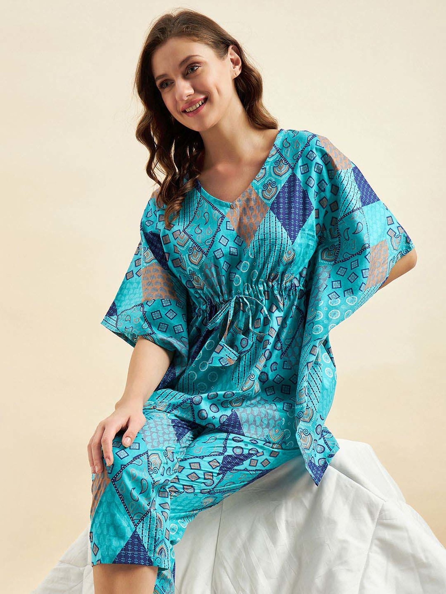 Sweet Dreams Blue Cotton Printed Kaftan Pyjama Set