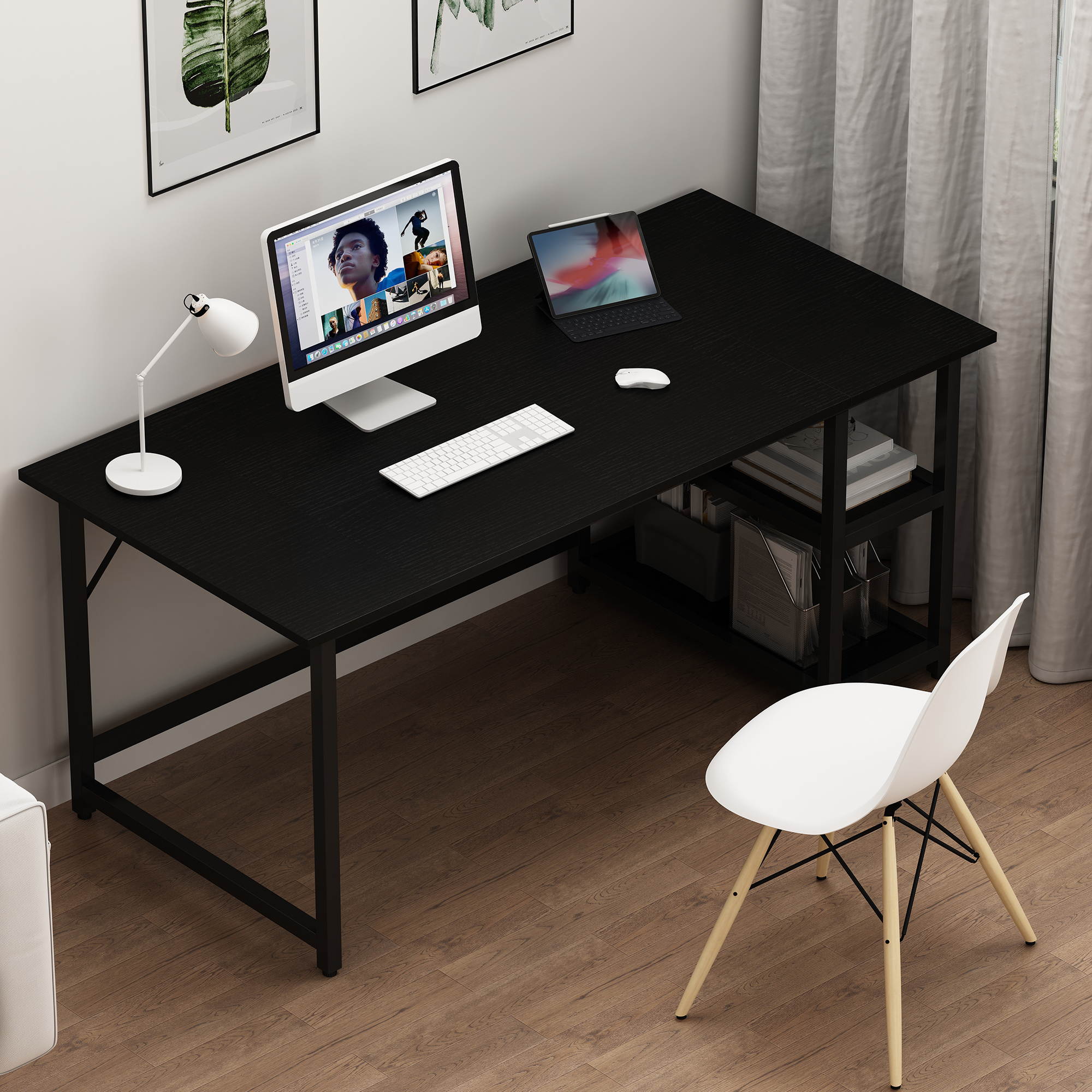 Shamdon Home Collection Home Office Computer Desk, Modern Minimalist Style Study Writing Desk with Wooden Storage Shelf,2-Tier Industrial Laptop Table with Splice Board