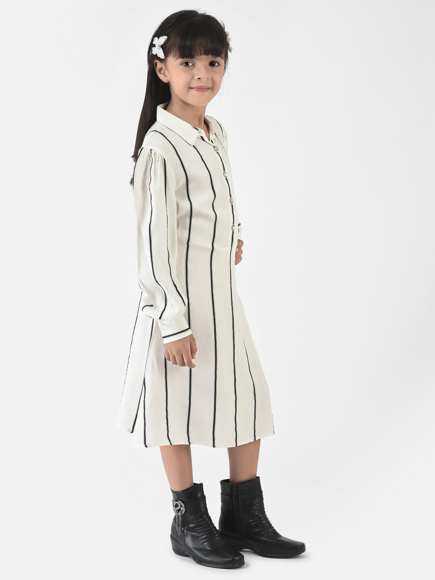 Crimsoune Club Kids Off White Striped Full Sleeves Dress