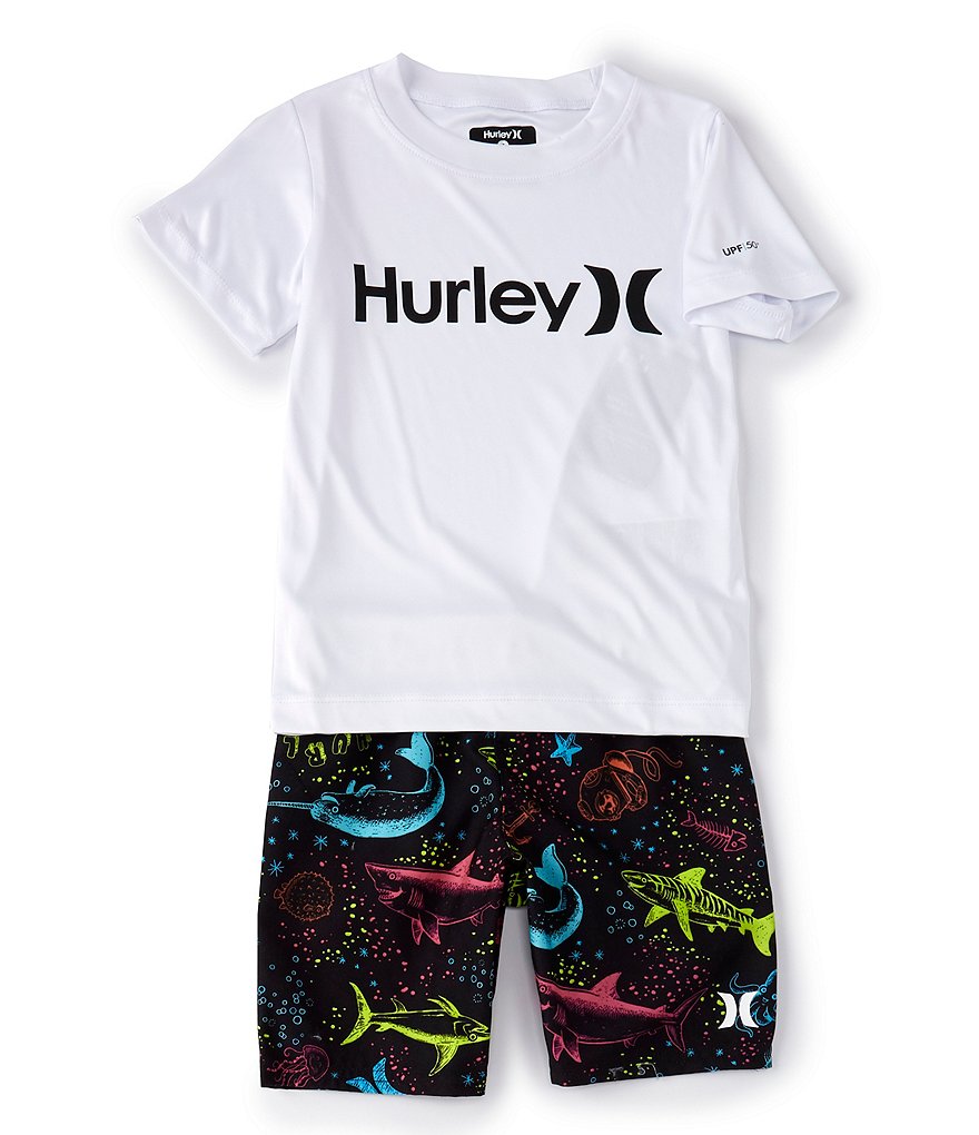 Hurley Little Boys 2T-7 Short-Sleeve Hurley Swim Tee & Printed Swim Trunks Set