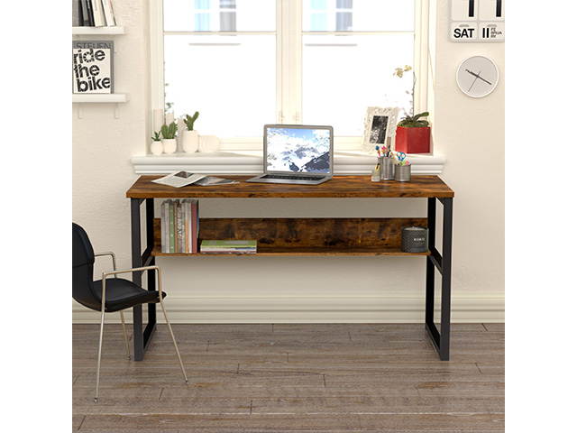 55.1" Computer Desk with Bookshelf, Modern Office Desk with Storage Shelves, Large Computer Table, Sturdy Writing Table Workstation for Home Office, Wood and Metal Frame,GT64