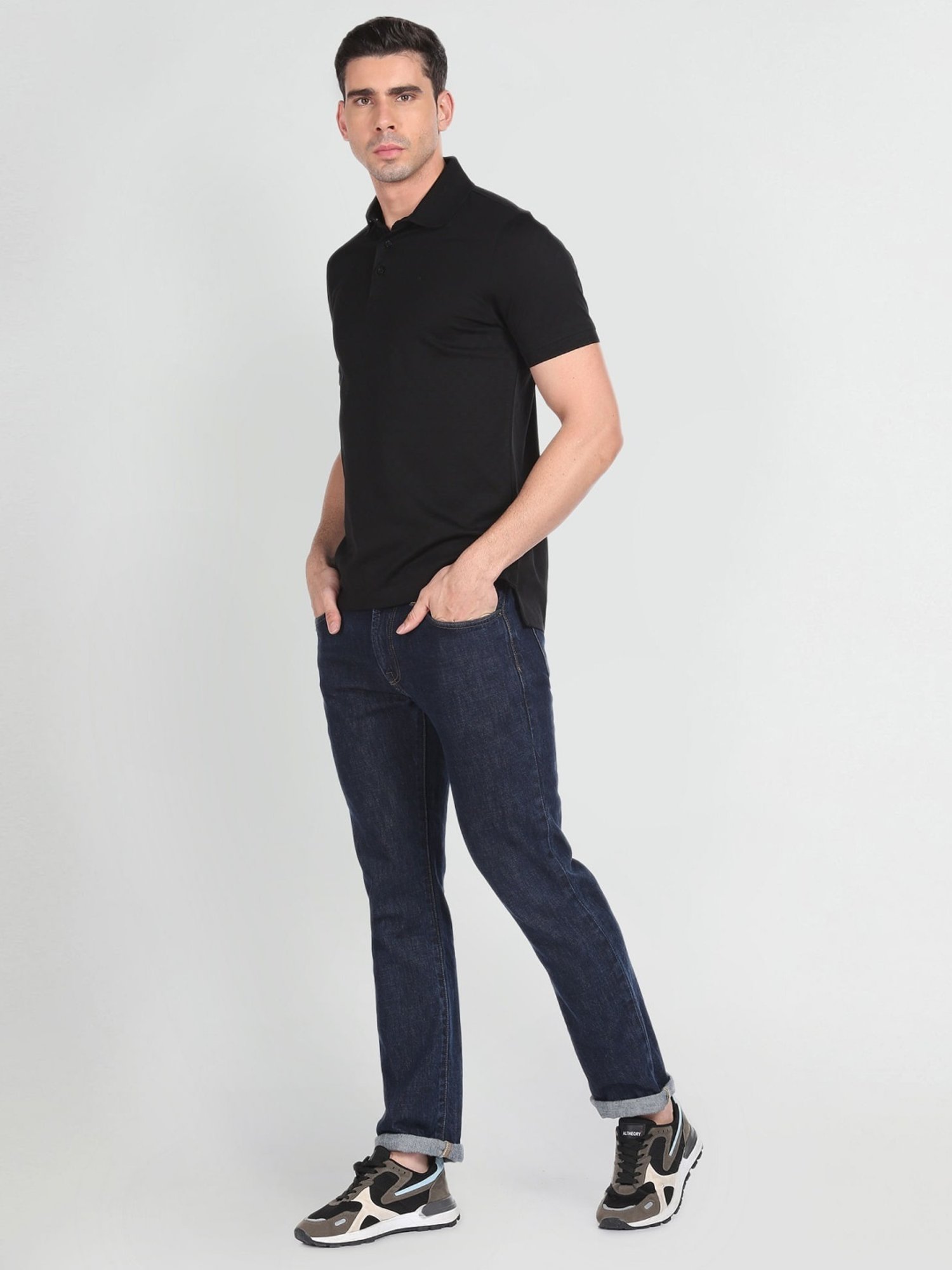 Arrow Black Cotton Regular Fit Self Pattern Polo T-Shirt