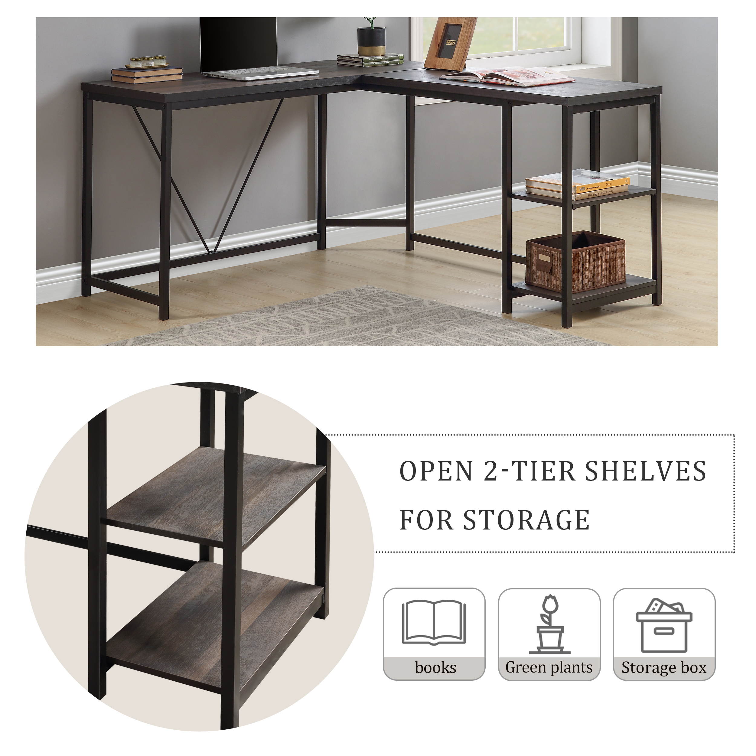 Home Office Desk L-Shaped Computer Desk Gaming Desk with 2-Tier Storage Shelves