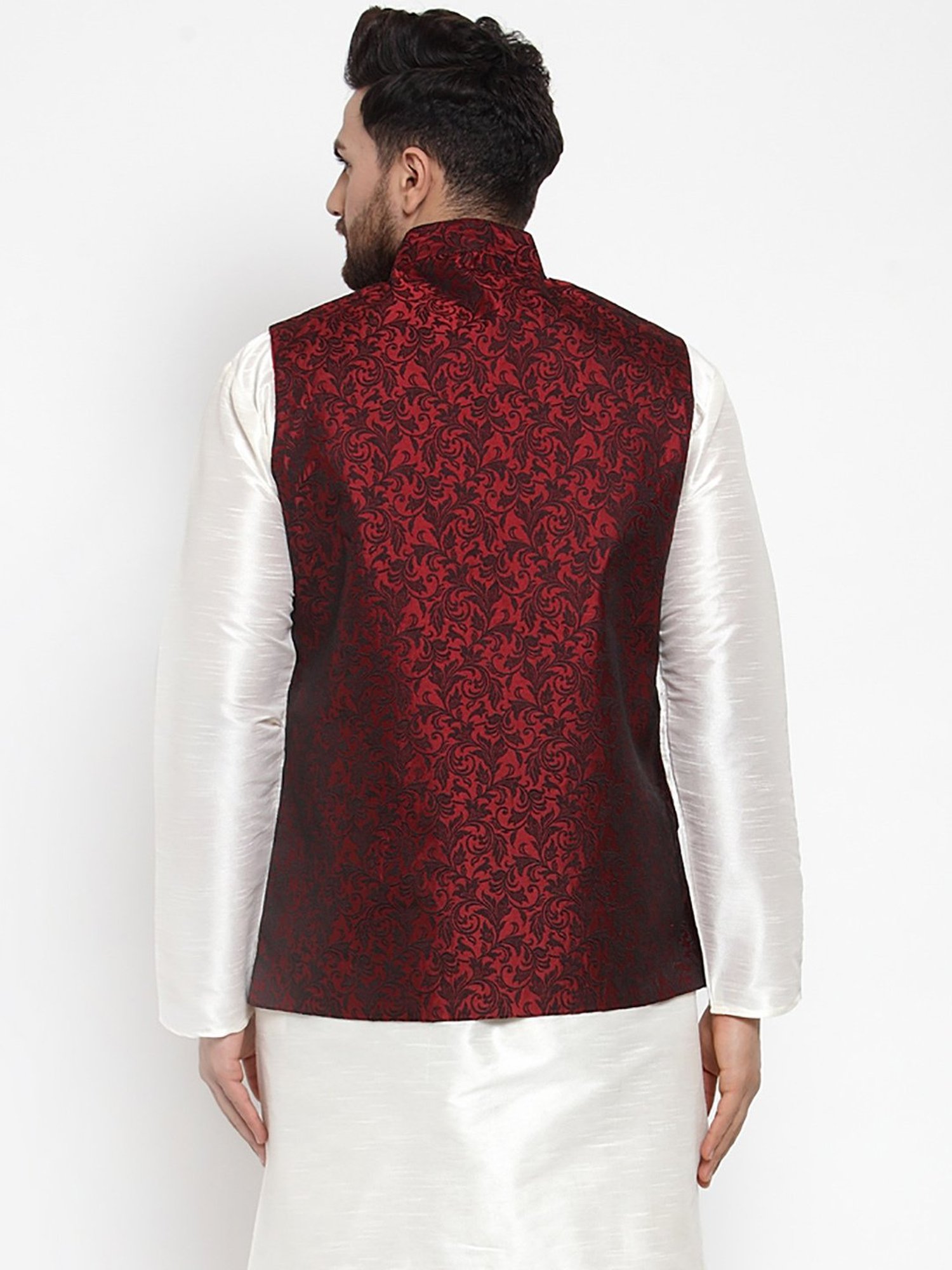 Jompers Maroon Regular Fit Self Design Nehru Jacket
