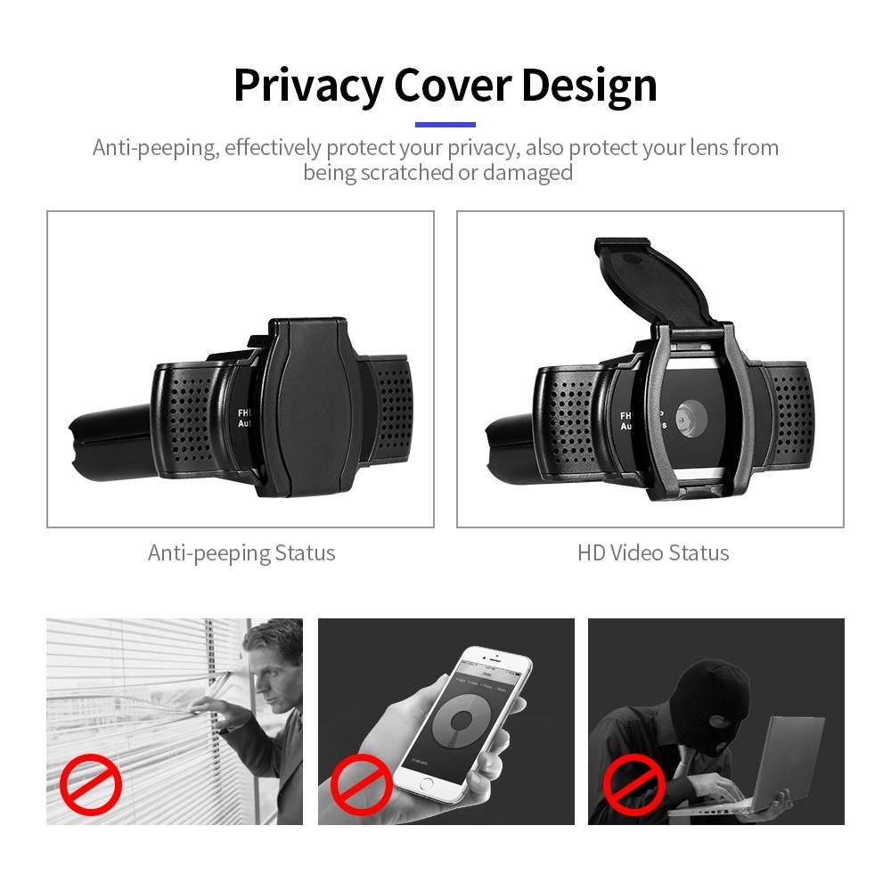 1080P USB Webcam Auto Focus Web Camera with Privacy Cover Built-in Microphone Drive-free Camera for PC Laptop