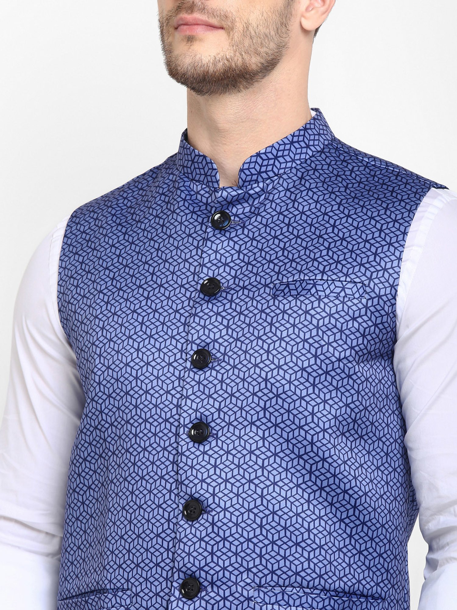 Hangup Plus Indigo Regular Fit Printed Nehru Jacket