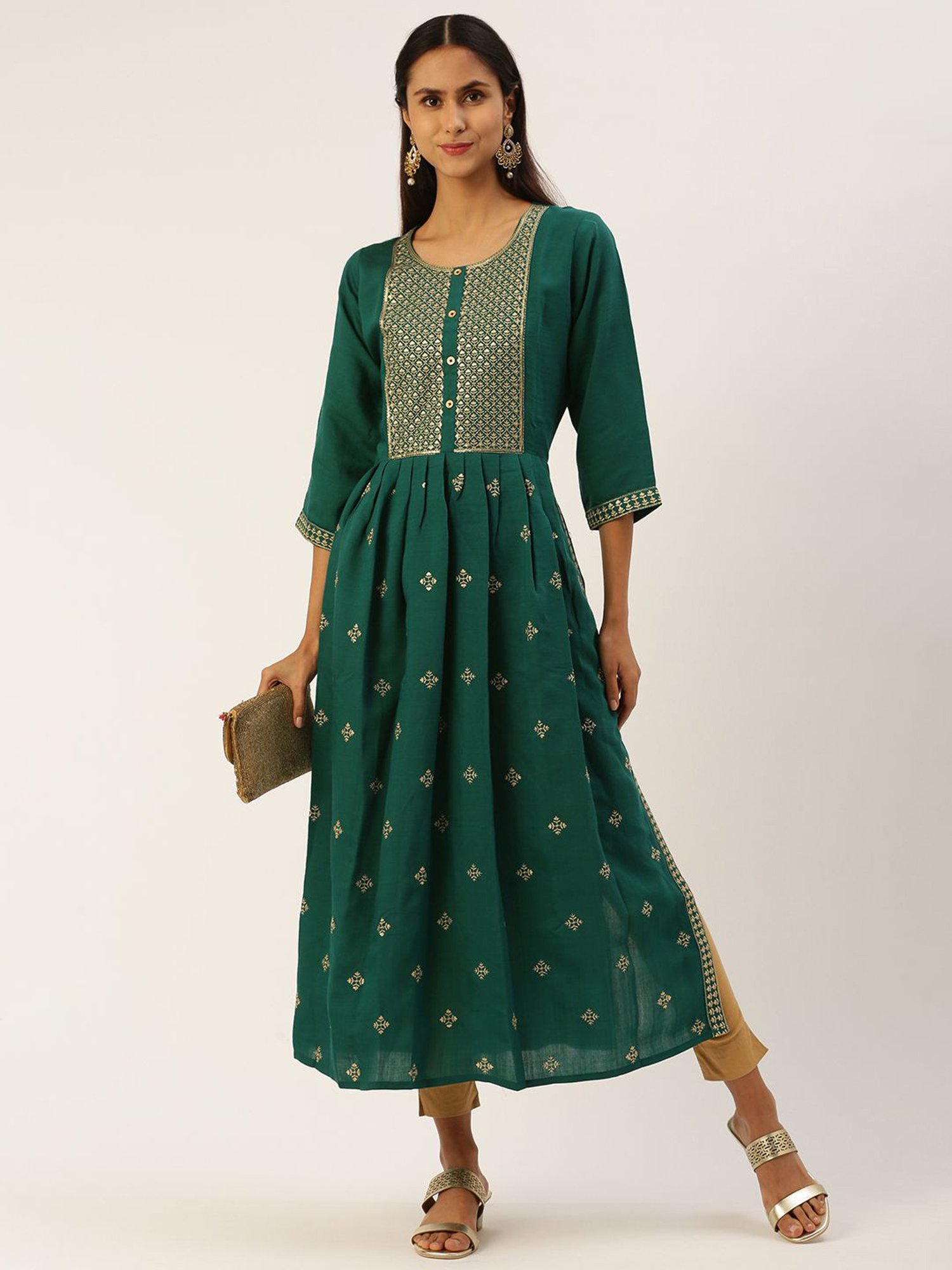 SHANVIKA Green Embroidered Cotton Silk Straight Kurta
