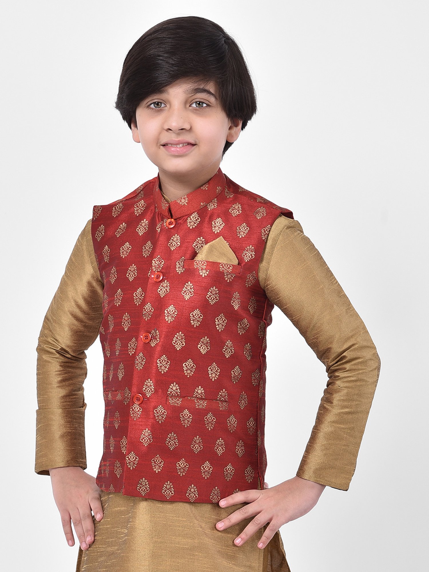 Deyann Kids Maroon Embroidered Nehru Jacket