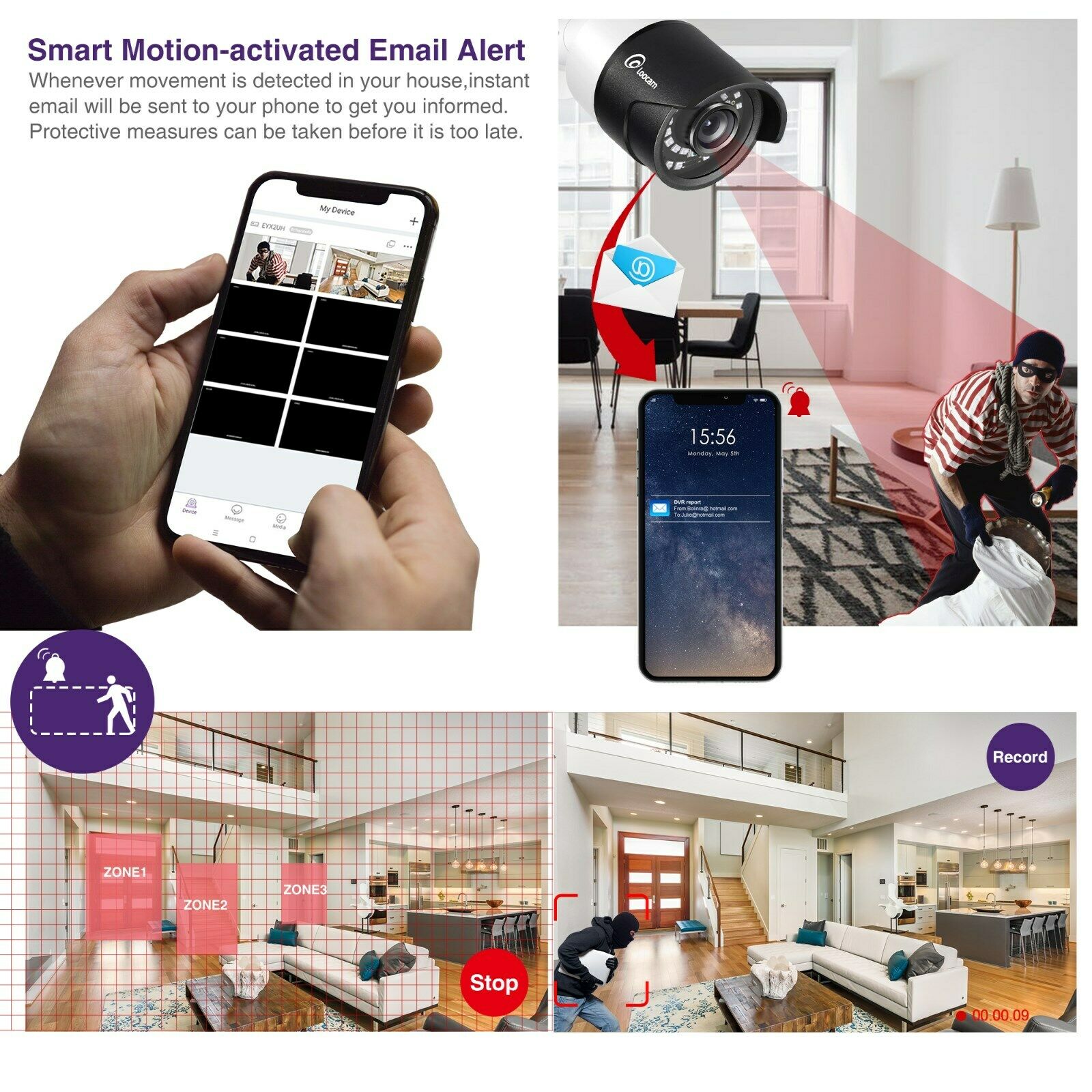 Loocam 1080p HD Surveillance Security Camera System 8CH DVR with 2TB Hard Drive 6 x 2.0MP 1920TVL IP67 Weatherproof Outdoor Indoor Automatic 150ft Predator Night Vision and Motion Detection  (88029T )