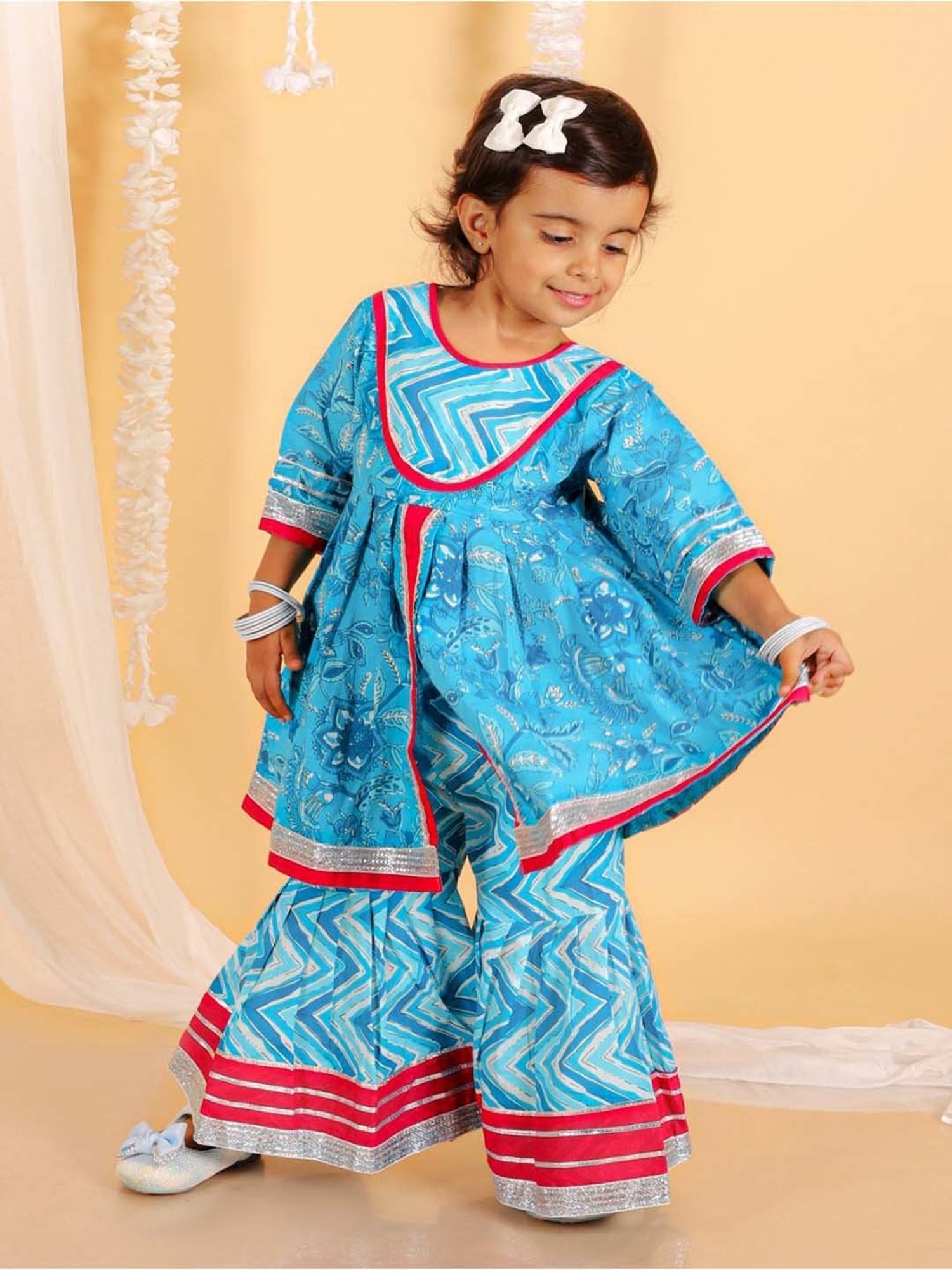The Mom Store Kids Sky Blue & Red Cotton Printed Full Sleeves Kurta Set