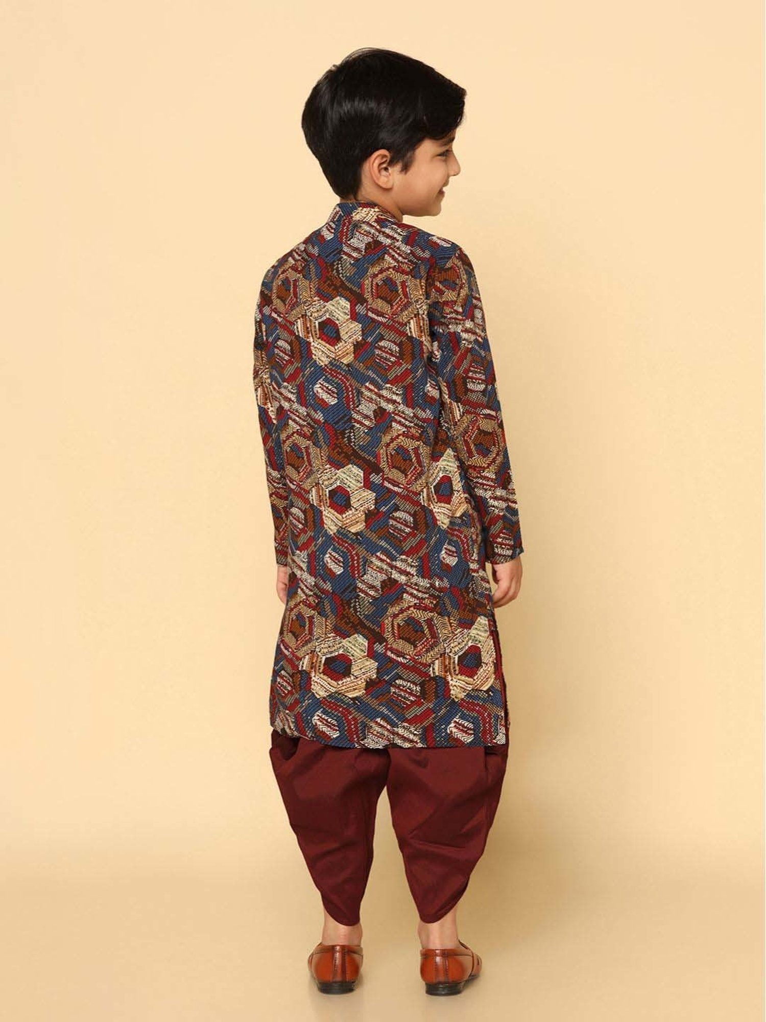 KISAH Kids Maroon & Blue Printed Full Sleeves Kurta Set