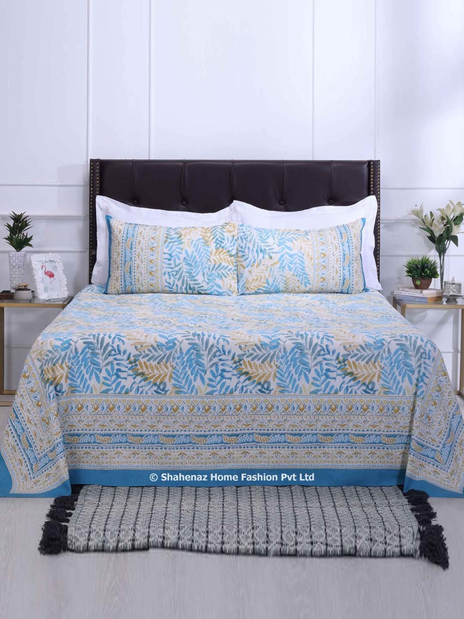Shahenaz Blue 120 TC Cotton French Leaves Double Bedsheet with 2 Pillow Covers