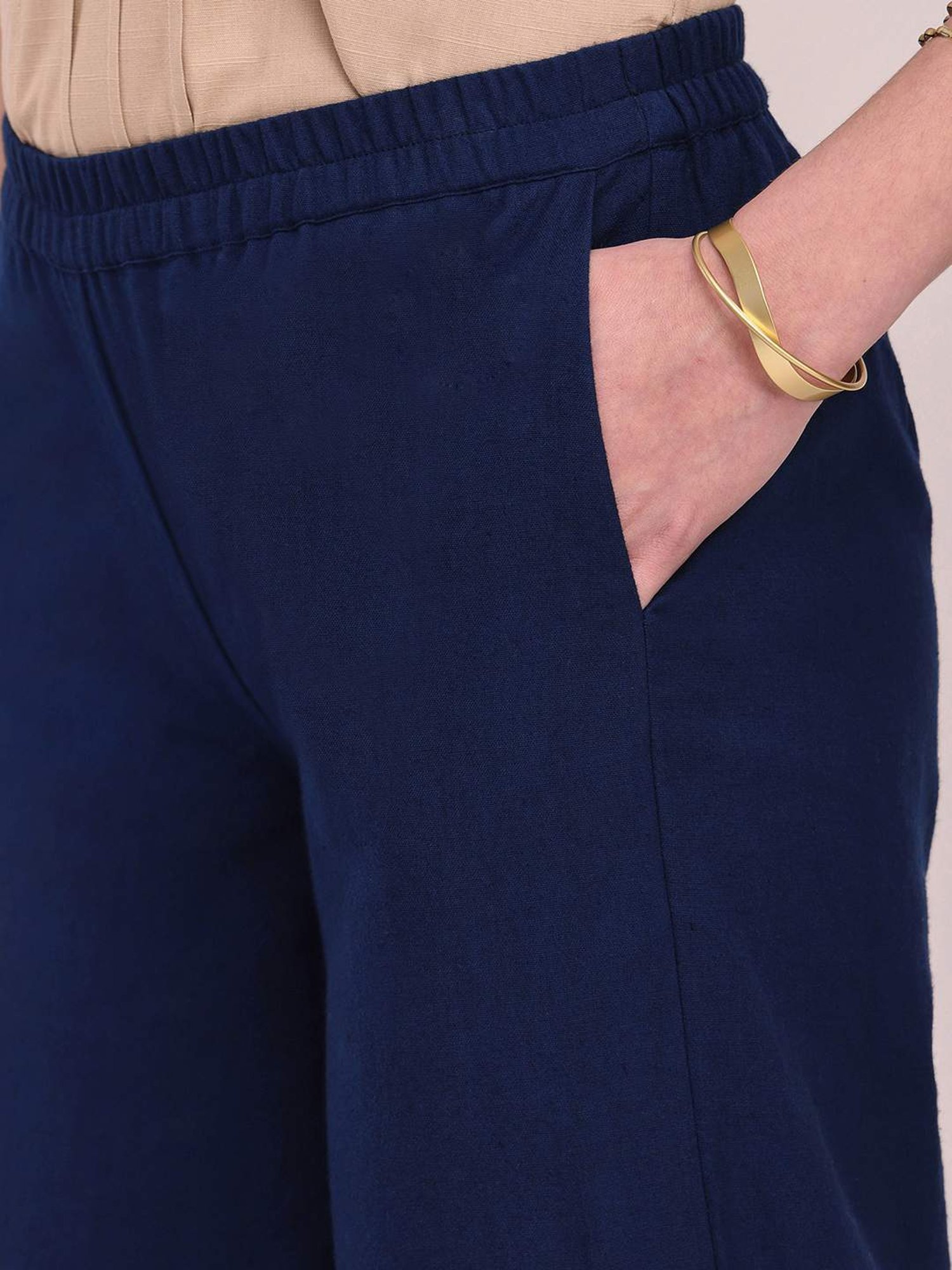 Pink Fort Navy Cotton Relaxed Fit Palazzos