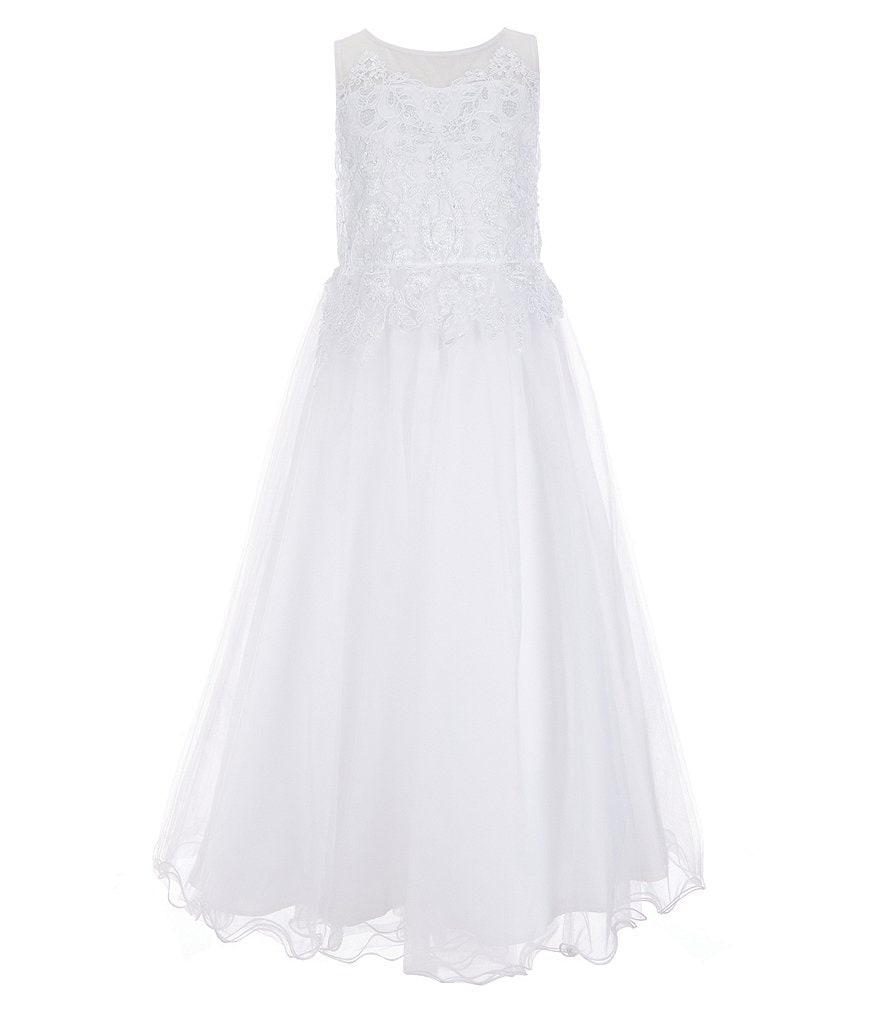 Us Angels Big Girls 6-14 Sleeveless Embroidered Illusion Bodice Tulle Skirt Communion Dress