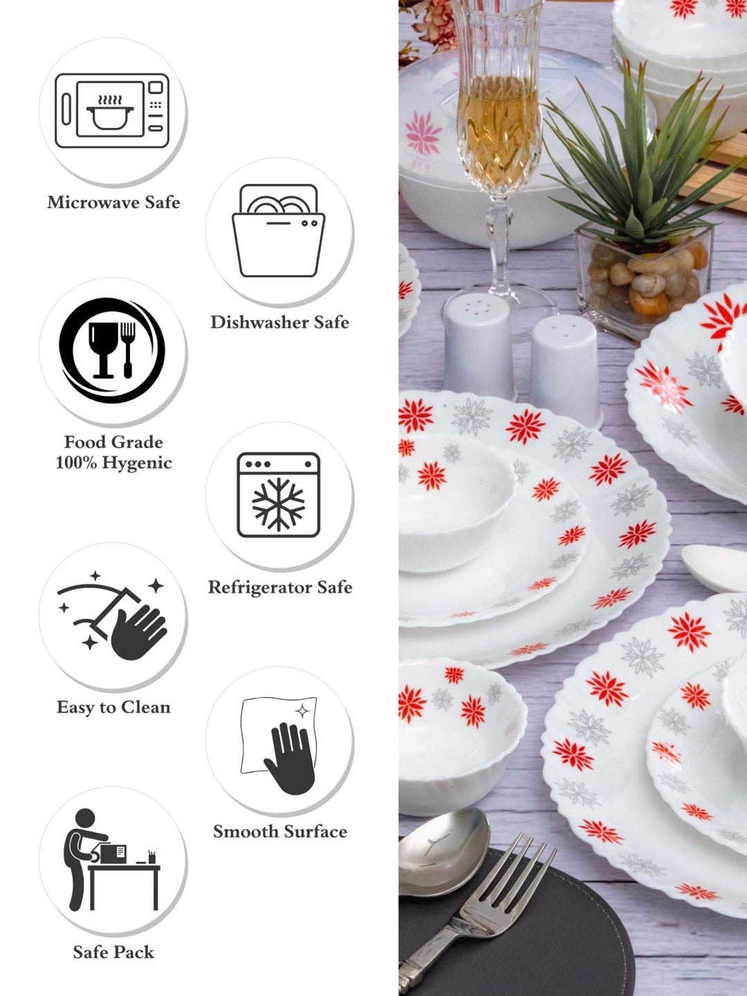 Cello White & Red Glass Dinner Set