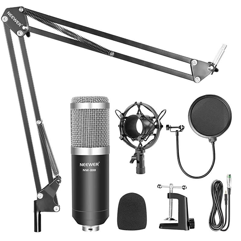 NW-800 Silver Professional Studio Broadcasting Recording Condenser Microphone & NW-35 Adjustable Recording Microphone Suspension Scissor Arm Stand with Shock Mount and Mounting Clamp Kit
