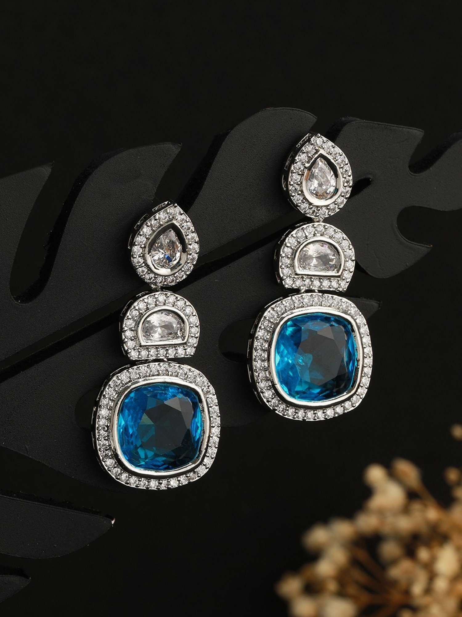 Saraf RS Jewellery Silver Blue CZ Statement Drop earrings