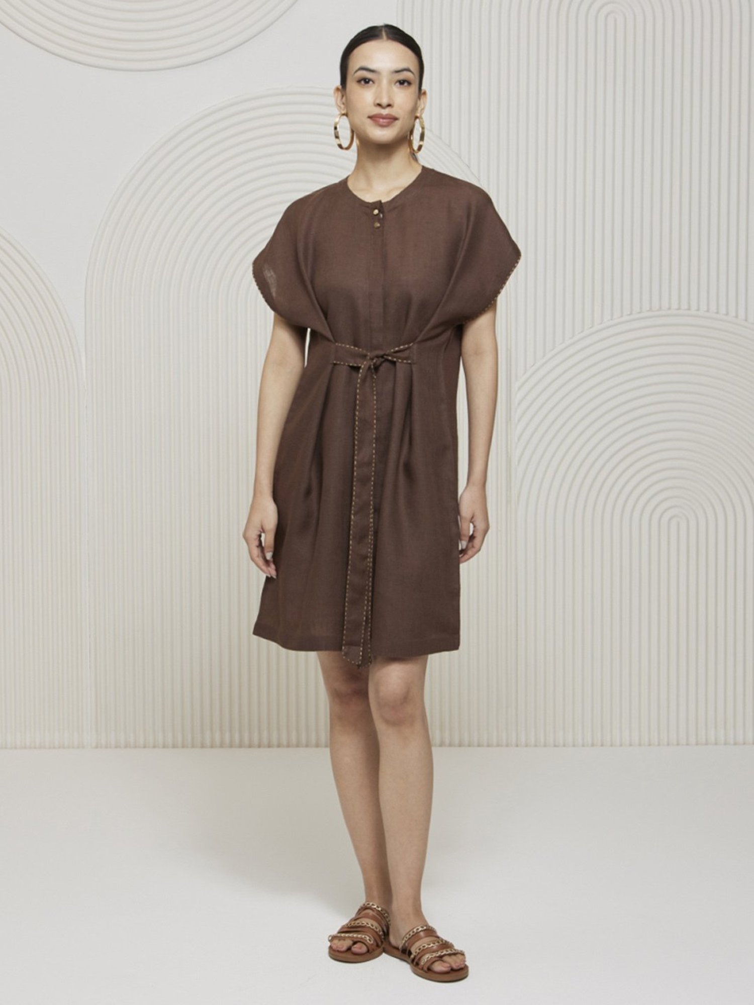 Artagai Chocolate Kantha Extended Sleeve Dress with Front Tie Up