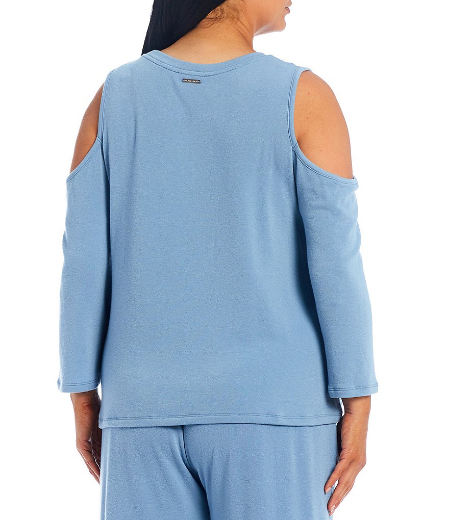 MICHAEL Michael Kors Plus Size Brush Back Knit Terry Jewel Neck Cold Shoulder 3/4 Sleeve Twist Hem Top