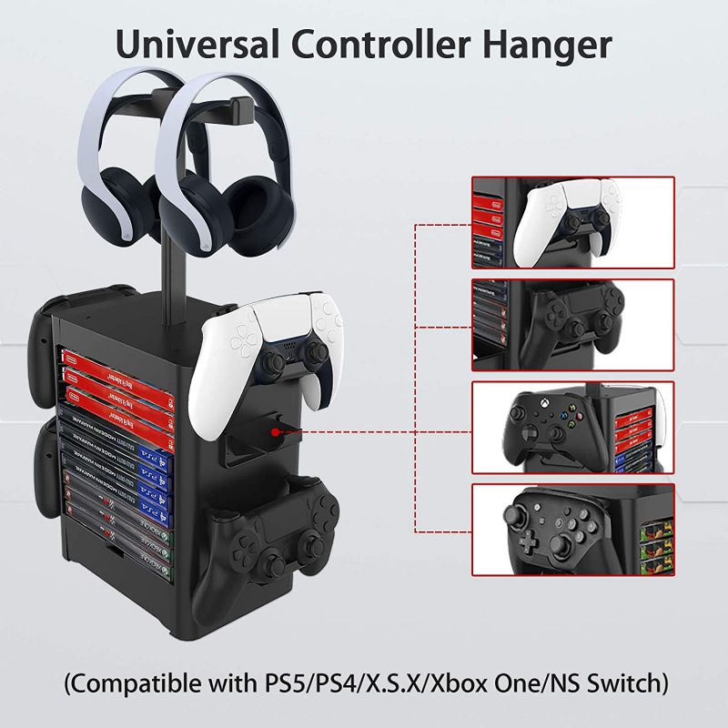 Ackmioxy Headset and Game Organizer (up to 10 Games) for PS5 PS4 Playstation/Xbox Series S & X/Switch Accessories, Headphones, Game Discs, Joy Cons, DualSense, Controllers, Black