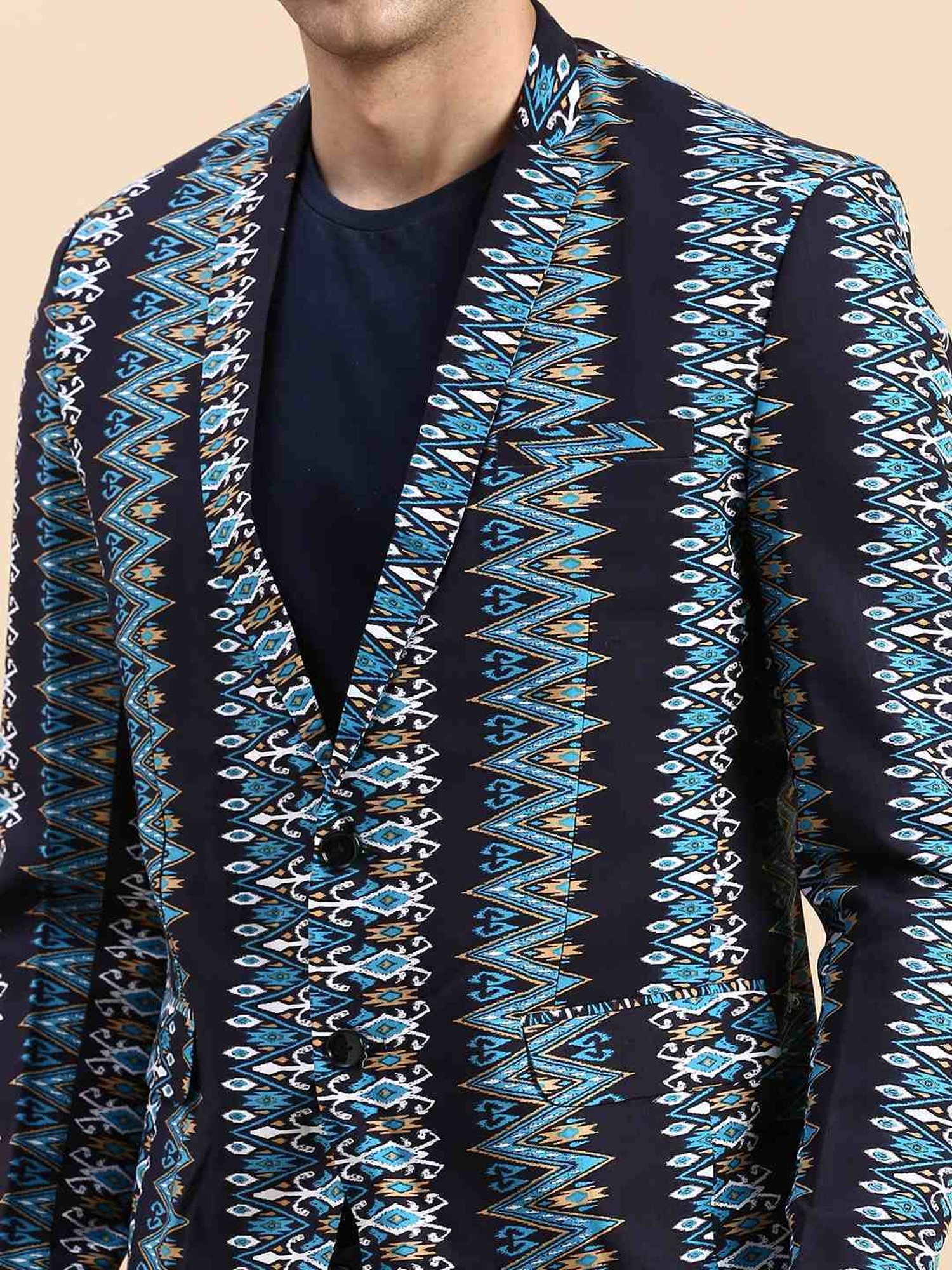 SHOWOFF Navy Blue Cotton Slim Fit Printed Blazer