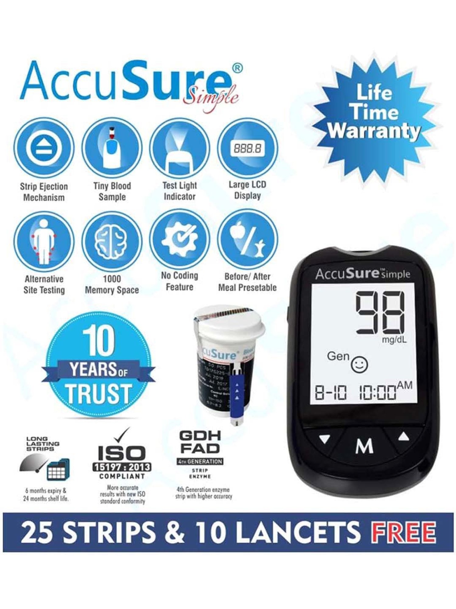 Accusure Simple Glucometer machine With 25 Test Strips (Black)