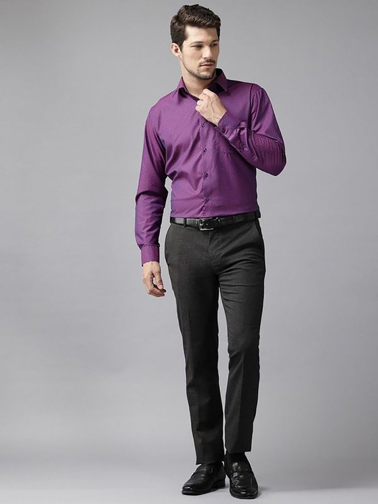 English Navy Purple Slim Fit Solid Shirts