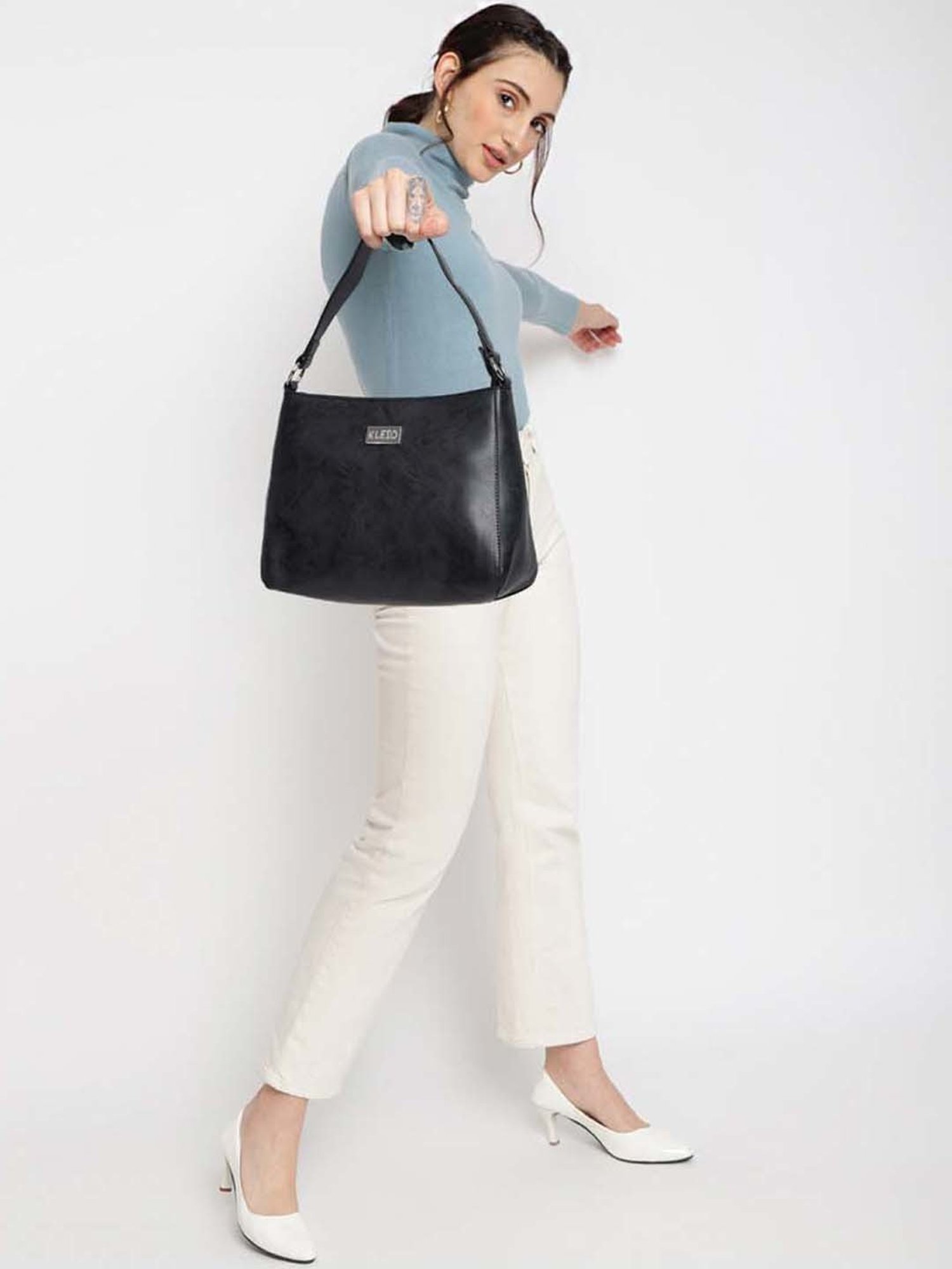 KLEIO Black Solid Medium Hobo Handbag