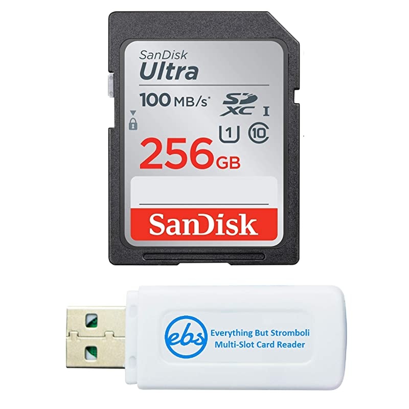 SD Ultra Memory Card Class 10 Works with Sony Cyber-Shot DSC-W800, W830, W810 Digital Camera (SDSDUNC-GN6IN) Bundle with 1 Everything But Stromboli Multi-Slot Card Reader (Class 10 256GB)