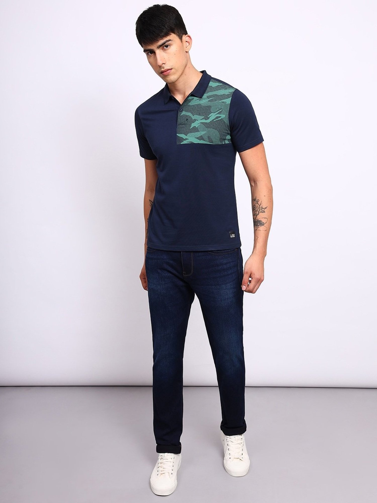 Lee Navy Cotton Slim Fit Printed Polo T-Shirt