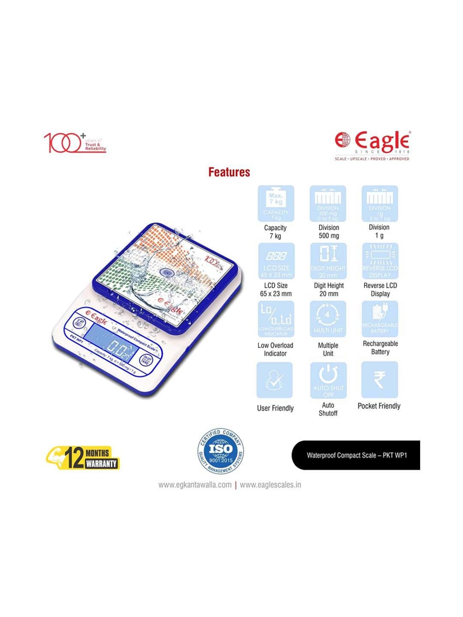 Eagle PKT-WP1 Digital Weight Machine for Kitchen, 7 kg Capacity, 1 g Accuracy,Kitchen Weighing Scale