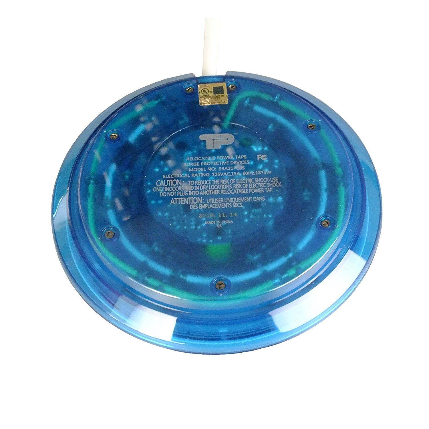 TP UFO Slim Design 6-Outlet Clear-Blue Round Power Center, 3 Quick Charging USB Ports, 4-Ft Heavy Duty Power Cord, Tabletop Surge Protector EMI-/RFI-Filter UL Listed (SRA21PLUSX2) 2Pcs