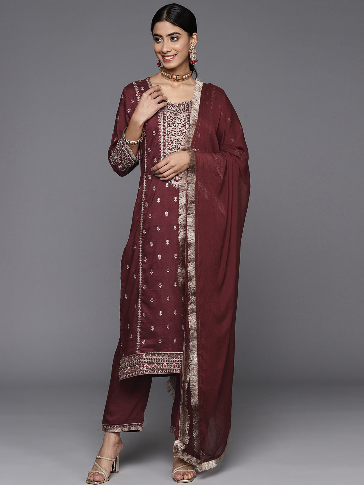 Varanga Maroon Embroidered Kurta With Pant & Dupatta
